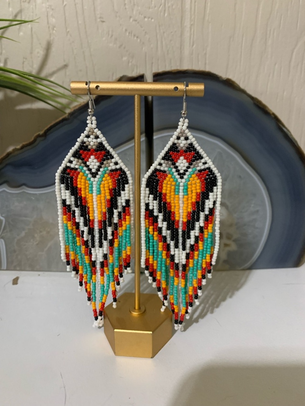 Boho Beaded Fringe Earrings in White, Black, Red & Turquoise